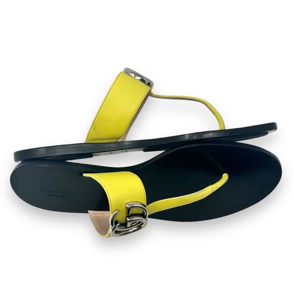 Gucci GG Marmont Thong Double G Flat Leather Sandals Yellow Silver 37.5 Women’s - Picture 8 of 11